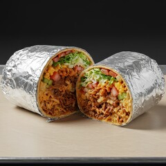 Large Beef Burrito Cut in Half with Cheese, Lettuce, and Tomatoes Wrapped in Foil, Hearty Mexican Fast Food, Takeout Lunch or Dinner, Overhead View, Loaded Tortilla Wrap, Street Food Style