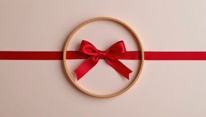 Red satin bow tied on a horizontal ribbon across a wooden embroidery hoop against a pale background