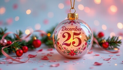 Close up of a glowing Christmas ornament displaying 'December 25' with festive bokeh lights and greenery