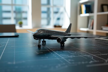 Dark gray airplane model on blueprint with office background aircraft