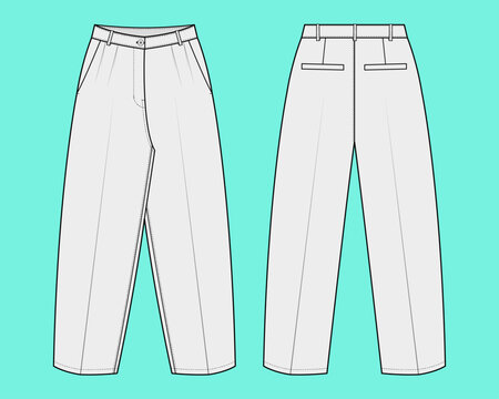 Men&rsquo;s Relaxed Pleated Trousers Flat Sketch Front and Back Technical Drawing