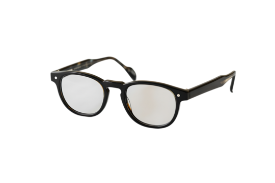 Stylish black reading glasses with reflective lenses isolated on white