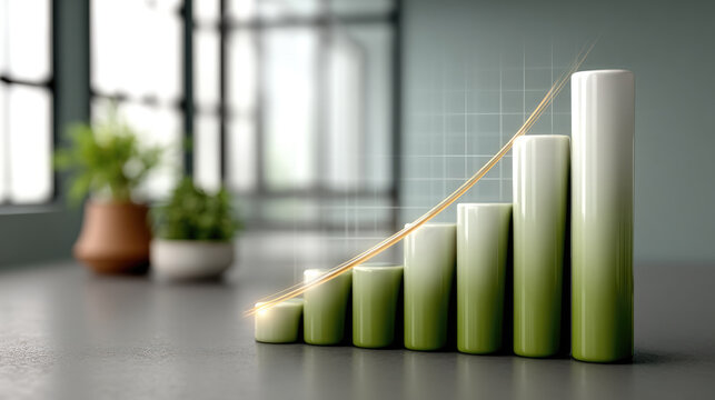 Green bar chart financial growth modern office sunlight plants upward trend success digital 3D render business concept