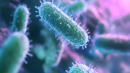 Fototapeta premium 3D macro of bacteria on bag handles and clothing fabric, daily contamination concept