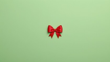 Single shiny red satin ribbon bow centered on a minimal light green background texture
