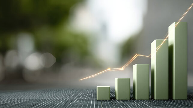Green bar chart, financial growth, business success, upward trend, modern city background, digital grid, positive progress