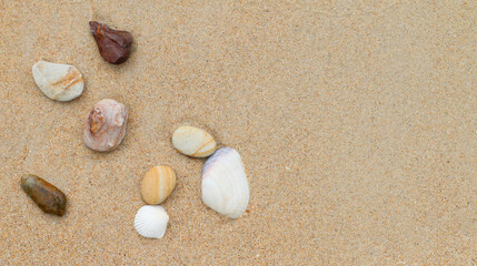 Smooth stones and shells on sandy surface, minimalist composition, copyspace for text.