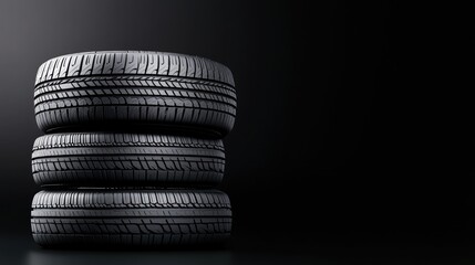 New car tires stacked with soft backlighting showcasing texture and design in a dark space for commercial use