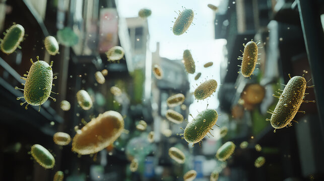 3D render of floating microorganisms in crowded outdoor space, urban pathogen concept