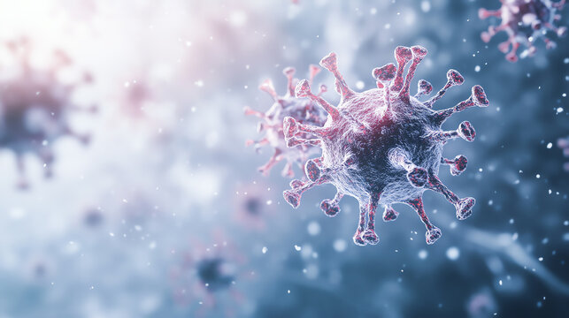 3D render of virus particles forming patterns in winter atmosphere, disease outbreak visualization