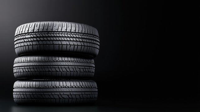 New car tires stacked with soft backlighting showcasing texture and design in a dark space for commercial use