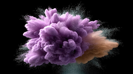 Purple powder explosion cloud with orange and blue dust on black background, dynamic motion, vibrant color burst, energetic abstract art