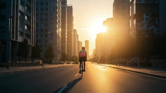Bicyclist riding empty asphalt road between city buildings at sunrise, urban commute, fitness workout, eco transportation, healthy lifestyle, business travel cyclist, morning exercise, street cycling
