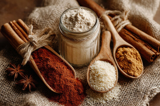 Spice Collection with Cinnamon Sticks Star Anise and Ground Spices in Glass Jar