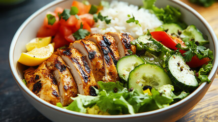 Business lunch served with salad, rice, and grilled chicken