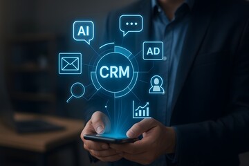 CRM platform on smartphone connecting email ads chats and analytics icons