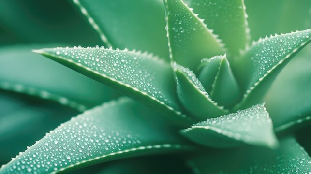 Fototapeta Close up view of aloe vera plant showcasing water drops on vibrant green leaves, perfect for beauty product design or wellness themes