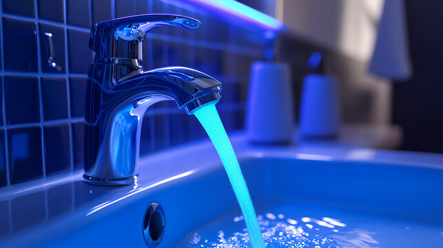Invisible germs illuminated by UV light on faucet handle, hygiene awareness concept