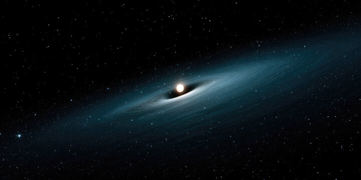 Black hole accretion disk with bright star being pulled in, cosmic space scene, dramatic and mysterious atmosphere