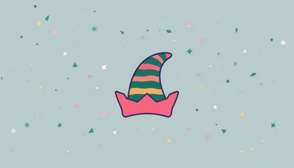 Whimsical cartoon elf hat with colorful stripes against a light blue background with confetti shapes