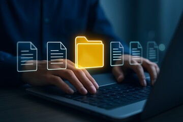 Digital file management concept with glowing yellow folder and documents