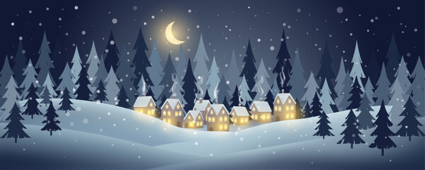 Cozy winter village nestled in a snowy forest at night. Landscape with houses, pine trees, falling snow, and a crescent moon. Editable vector illustration.