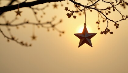 Bronze star ornament hanging from tree branches silhouetted against a warm bright sunset or sunrise