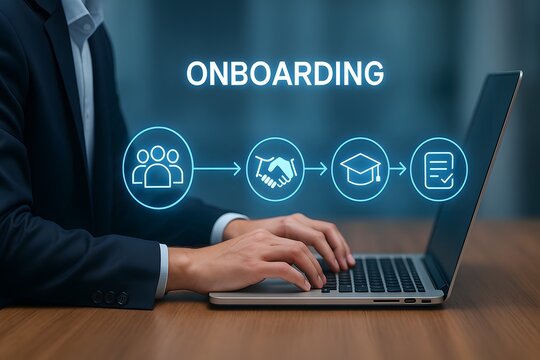 Employee onboarding process with steps from welcome to training and document completion