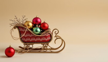Miniature antique brass sleigh holds shiny Christmas ornaments against a light beige background