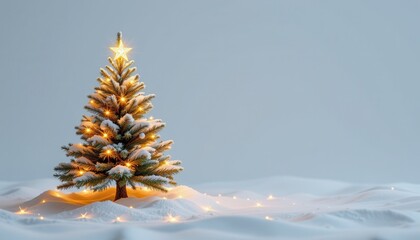 Illuminated Christmas tree with snow and glowing lights sits in a bright winter landscape