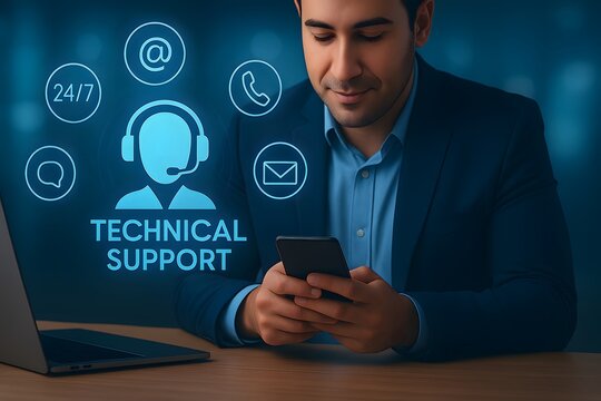 Friendly technical support service icons with businessman using smartphone