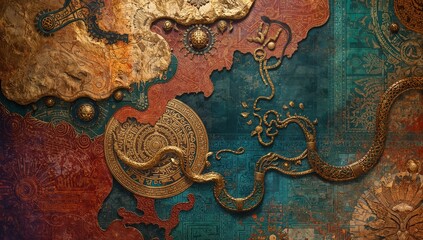 Ornate golden snake weaving through ancient carvings on a textured, colorful surface.