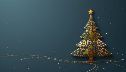 Stylized digital Christmas tree silhouette composed of glowing data points and symbols on a dark background