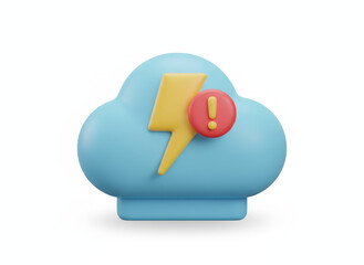 Cybersecurity system 3d icon cloud alert with lightning bolt and warning sign