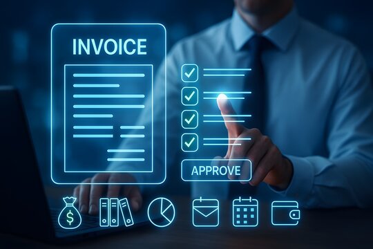 Invoice approval workflow with digital checklist and financial icons for accounts payable