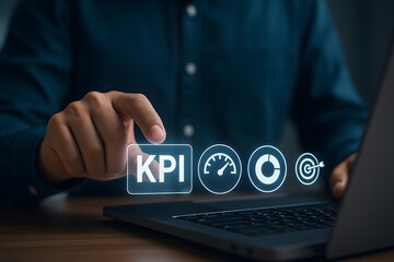 KPI performance dashboard with speedometer gauge and target symbol graphics