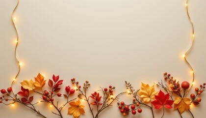 Autumn leaves and glowing fairy lights frame a warm toned empty space copy area