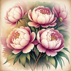 Bunch of Peony Flowers Hand Drawn Illustration