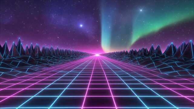Retrofuturistic Grid Landscape with Aurora Borealis and Neon Mountains Driving Forward - Powered by Adobe
