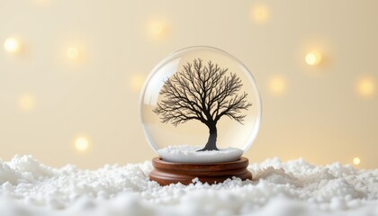 Snow globe containing a silhouette of a bare tree resting on white snow with warm bokeh lights