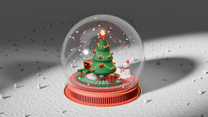 3D Render: Festive Christmas Snow Globe with Decorated Tree, Snowman, and Presents on Snowy White Background. Holiday Season.