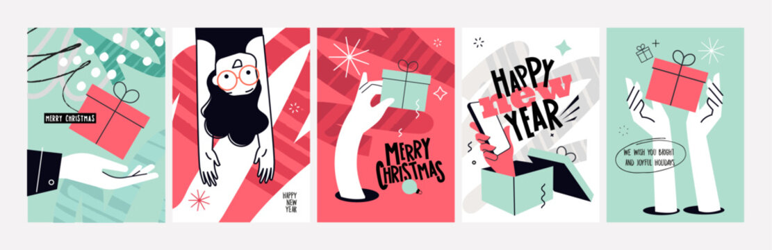 Christmas and New Year Greeting Cards. Fun vector illustrations for greeting card, party invitation card, website banner, social media banner, marketing material. - Powered by Adobe