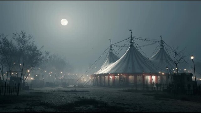 Eerie haunted circus at night under spooky full moon. mysterious big top tent glows through dark, foggy landscape creating creepy scene