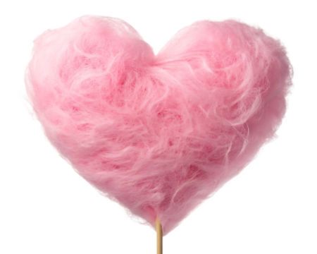 Pink heart shaped cotton candy isolated on transparent background