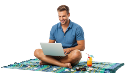 Modern stock photo showing man, laptop, beach captured in vibrant atmosphere ideal for professional campaigns