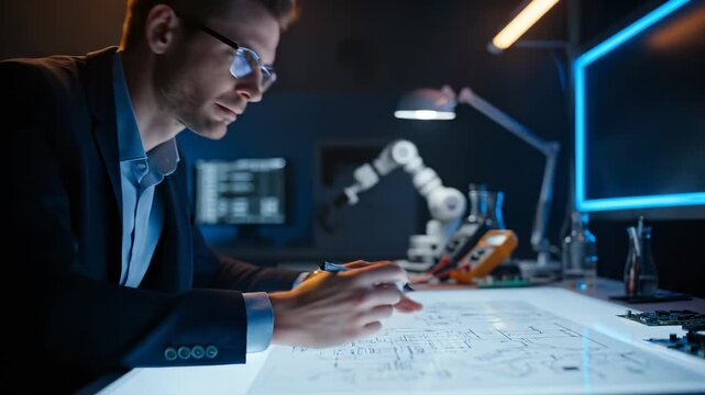Engineer studies blueprint on light table. Man sketches prototype while consulting robot arm closely. Robotics and technology tools surround workspace. Focused professional refines design for