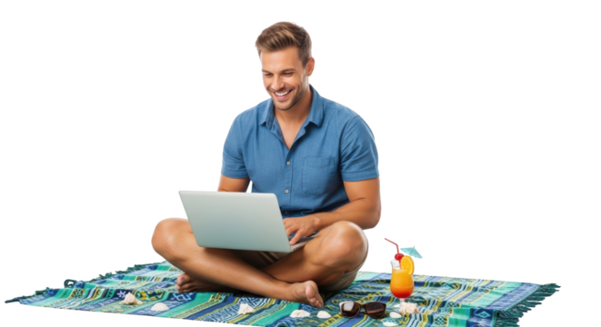 Modern stock photo showing man, laptop, beach captured in vibrant atmosphere ideal for professional campaigns - Powered by Adobe