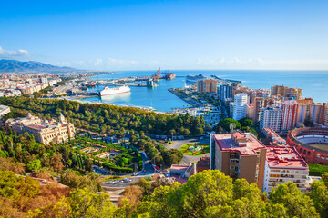 Malaga city aerial panoramic view in Andalusia, Spain