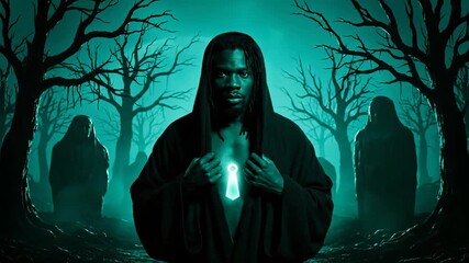 figure in hood and cloak stands among forest tree trunk and shadow. pendant emits steady glow in night air. silhouette shapes encircle central figure. mystery fills foggy woodland and cold mist. - Powered by Adobe