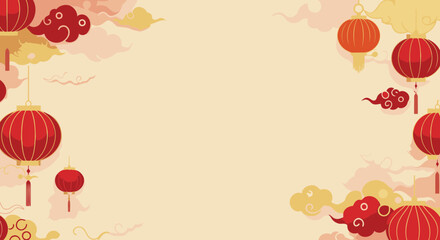 Fototapeta premium Chinese New Year Festival Background with Red Lanterns and Clouds